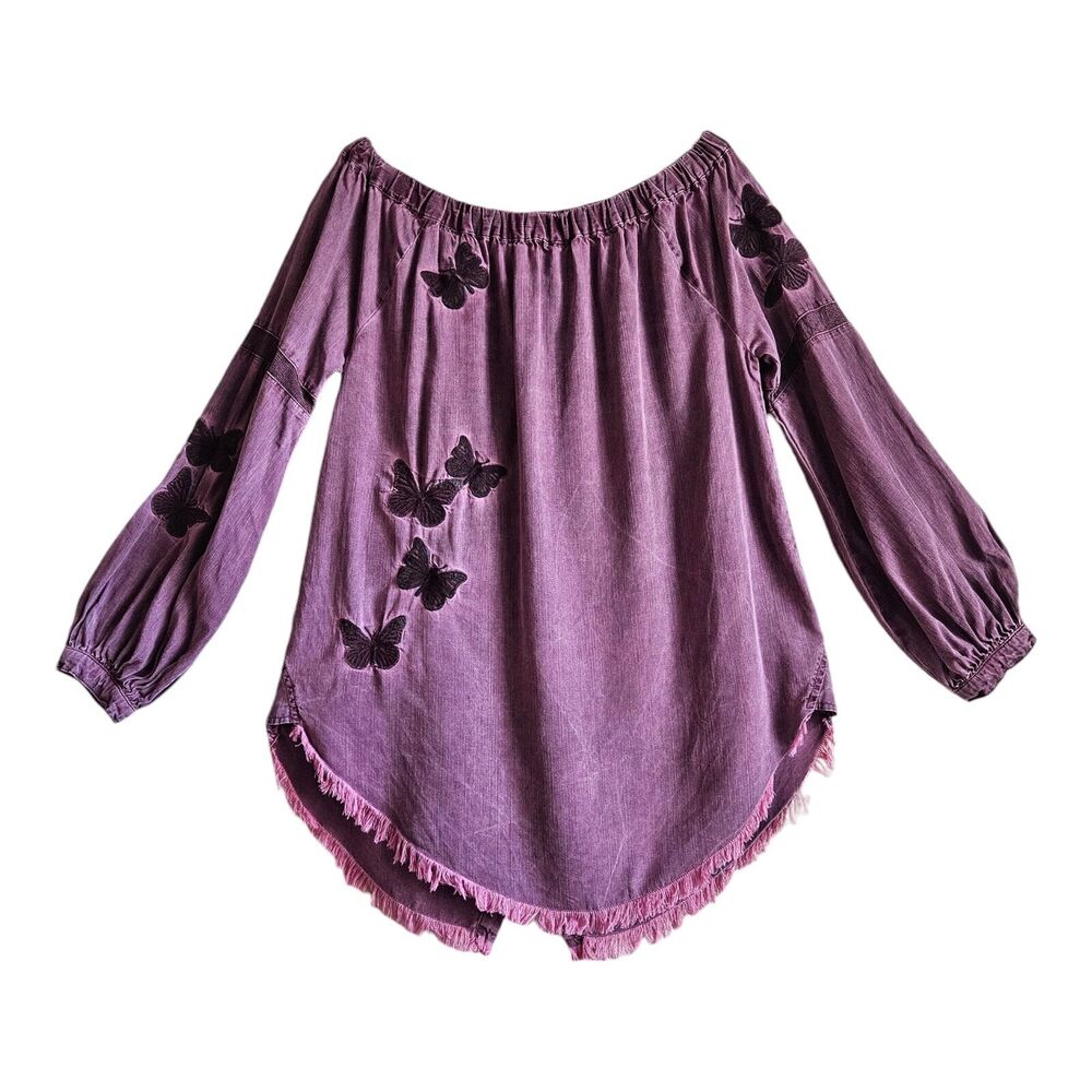 STANDARD GRACE M Boho Blouse On Off Shoulder Embroidered Frayed Hem Tencel 38"